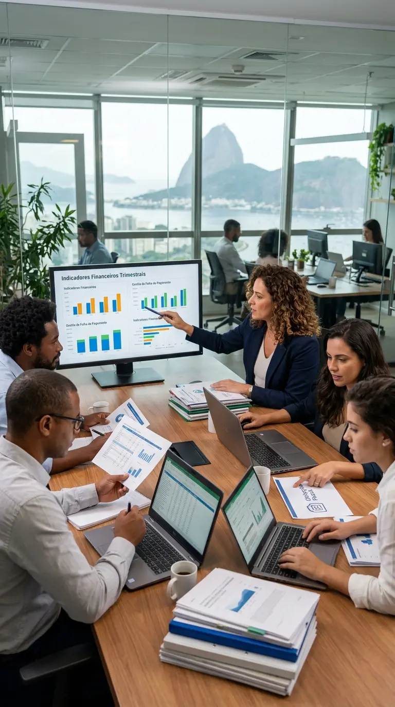 Contador analisando relatório financeiro com equipe contábil ao fundo no escritório